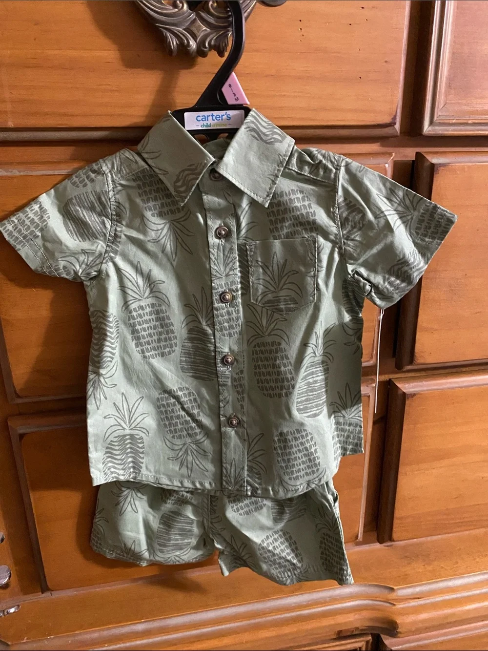 Carter's Olive Green Pineapple Print Button-Up Shirt and Shorts Set